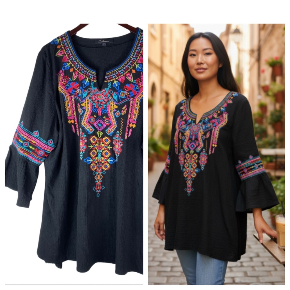 Caleaas 1X 16 18 Top Tunic Shirt Embroidered Boho Peasant Black Artsy